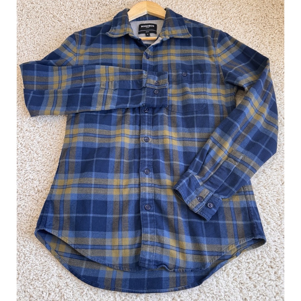 Bonobos Flannel Shirt Men Medium Blue Plaid Stretch Slim Fit Button Down Shirt